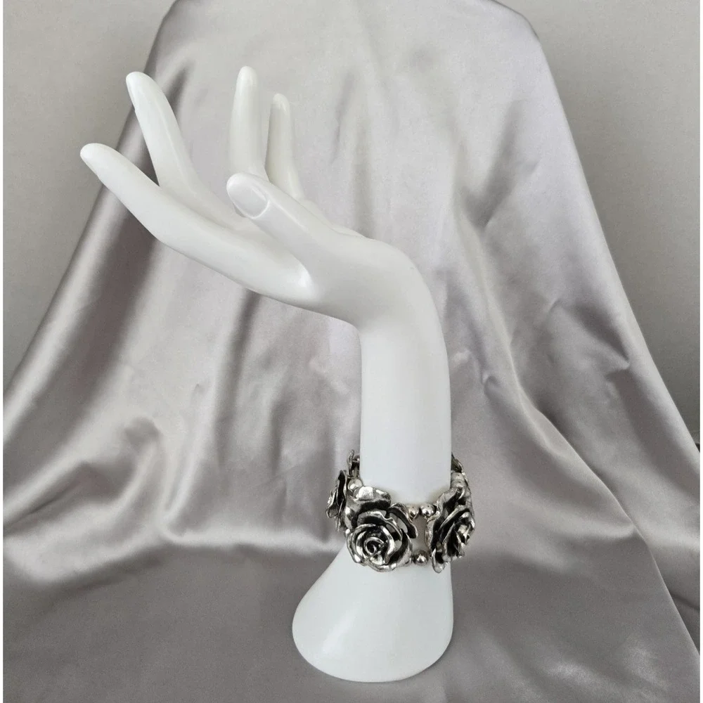 Silver-tone Stretch Bracelet Heavy Intricately Formed Metal Roses